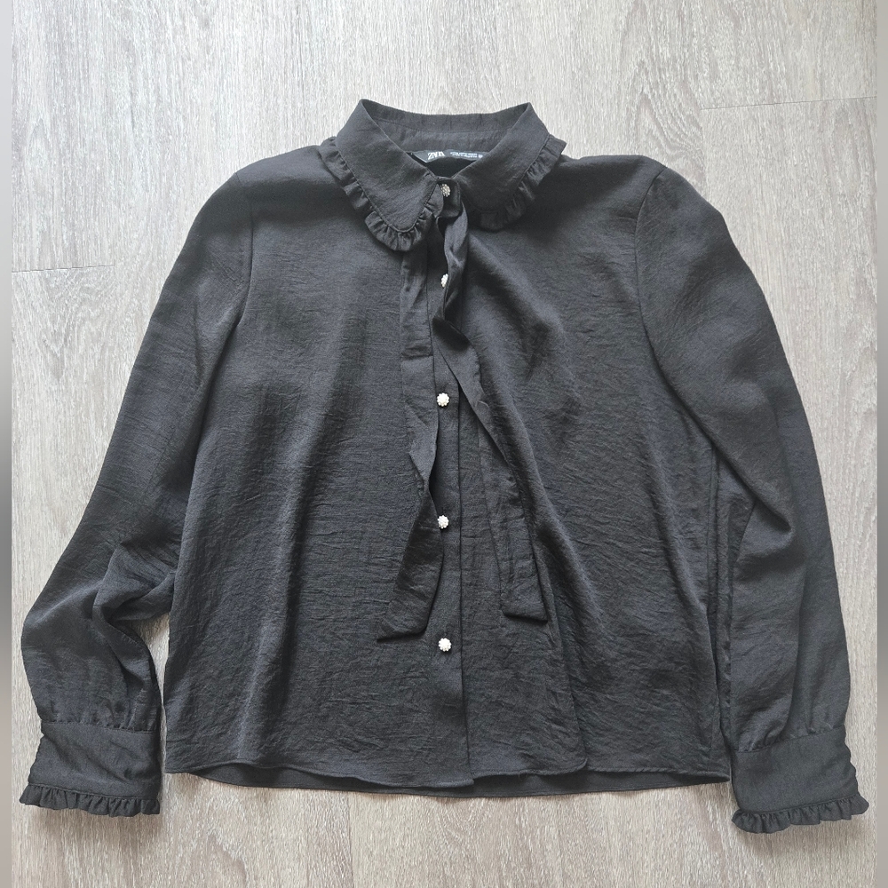 Zara Black Ruffle Collar Blouse Pearl Flower Buttons Satin Finish Medium
